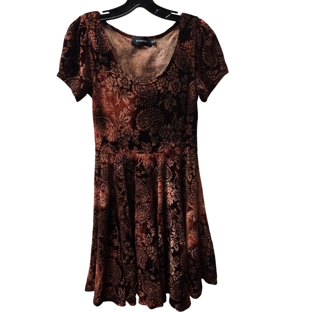 Minkpink Womens Burnout Velvet Skater Dress Burnt Orange Floral Short Sleeve M
